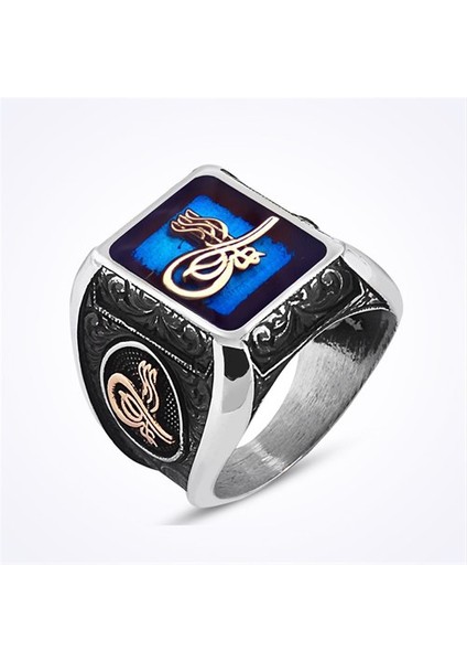 Osmanlı Tuğrası Mavi Mineli Taşsız Gümüş Erkek Yüzük