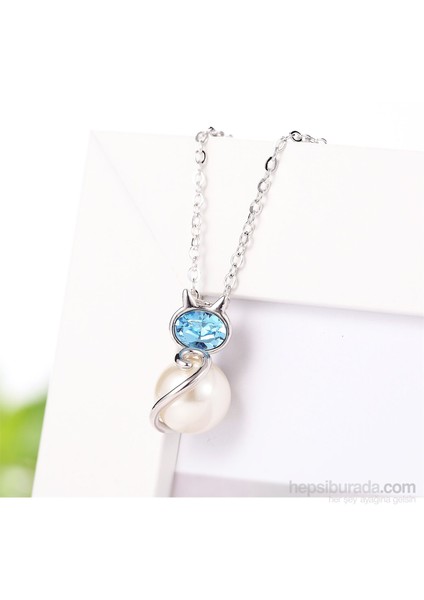 Mavi Swarovski® Taşlı İncili Kedi Kolye
