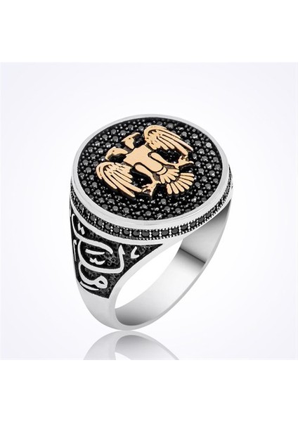 Selçuklu Kartalı Siyah Zirkon Taşlı Gümüş Erkek Yüzük