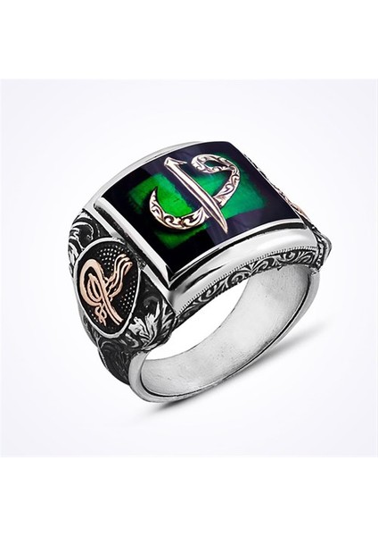 Vav Elif Yeşil Mineli Tuğralı Taşsız Erkek Gümüş Yüzük