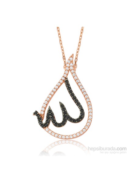 Bayan Lili Gümüş Rose Kaplama Allah Yazılı Damla Kolye