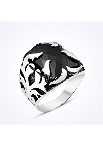 Siyah Renkli Taşlı Gümüş Erkek Yüzük