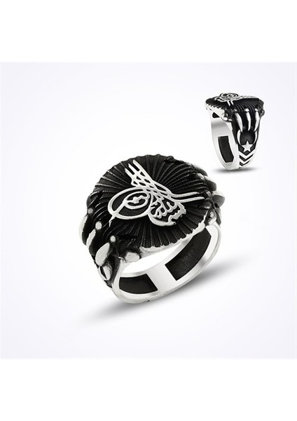Tuğralı Pençe Siyah Taşsız Gümüş Erkek Yüzük