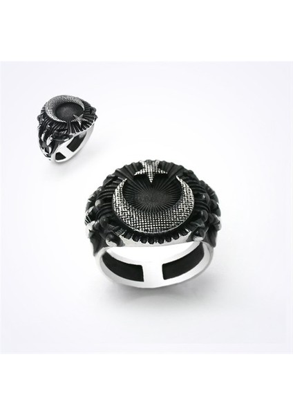 Ay Yıldız Siyah Taşsız Gümüş Erkek Yüzük