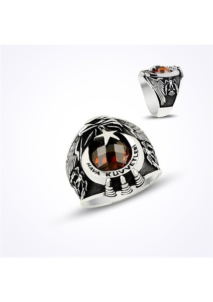 Hava Kuvvetleri Kırmızı Taşlı Gümüş Erkek Yüzük