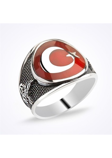 Ayyıldız Tuğralı Oval Kasa Taşsız Erkek Gümüş Yüzük
