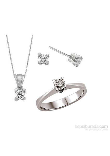 Silver & Silver 4 ct Zirkon Taşlı Kolye, Küpe, Yüzük Tektaş Set