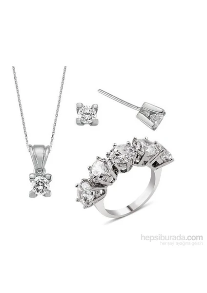 Silver & Silver 8 ct Zirkon Taşlı Kolye, Küpe, Beştaş Yüzük Set