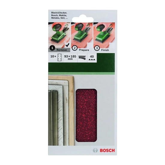 Bosch - Titreşimli Zımpara Kağıdı 10'Lu, 93 X 185 Mm 40 Kum 8 Delik