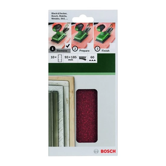 Bosch - Titreşimli Zımpara Kağıdı 10'Lu, 93 X 185 Mm 60 Kum 8 Delik