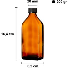 Afracam 200 cc Amber Ecza Şişesi 200 ml Kilitli Siyah Kapaklı Kahverengi Yassı Cam Şişe 6 Adet