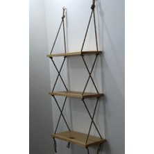 O&A Wood Halatlı Doğal Ahşap Dekoratif Duvar Rafı, 3 Katlı Ahşap Çiçeklik, Retro Hasır Ipli Ahşap, Renksiz