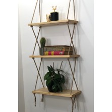 O&A Wood Halatlı Doğal Ahşap Dekoratif Duvar Rafı, 3 Katlı Ahşap Çiçeklik, Retro Hasır Ipli Ahşap, Renksiz