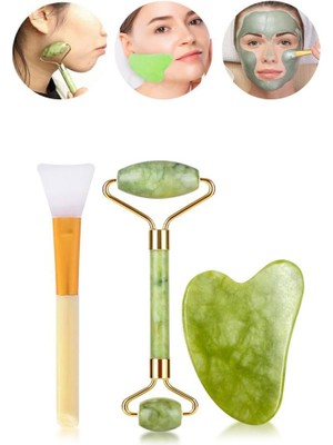 Mujgan 3'lü Cilt Bakım Seti Yeşim Taşı + Gua Sha Masaj Taşı + Maske Sürme Aparatı Beyaz