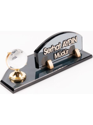 Ofistike Dünya Biblolu Kabartma Yazılı Kristal Masa Isimliği