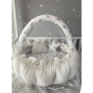 Jaju Baby Beyaz Örgü Kumaş Açılır - Kapanır Oyun Minderi Cibinlik Aparatlı Babynest