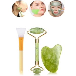 Mujgan 3'lü Cilt Bakım Seti Yeşim Taşı + Gua Sha Masaj Taşı + Maske Sürme Aparatı Beyaz
