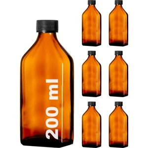 200 cc Amber Ecza Şişesi 200 ml Kilitli Siyah Kapaklı Kahverengi Yassı Cam Şişe 6 Adet