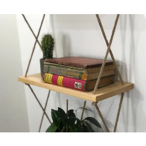 O&A Wood Halatlı Doğal Ahşap Dekoratif Duvar Rafı, 3 Katlı Ahşap Çiçeklik, Retro Hasır Ipli Ahşap, Renksiz