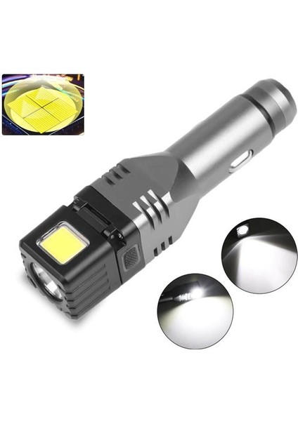 Araç USB Şarjlı Taktik El Feneri Cob LED Dahili Batarya Cam Çekiç