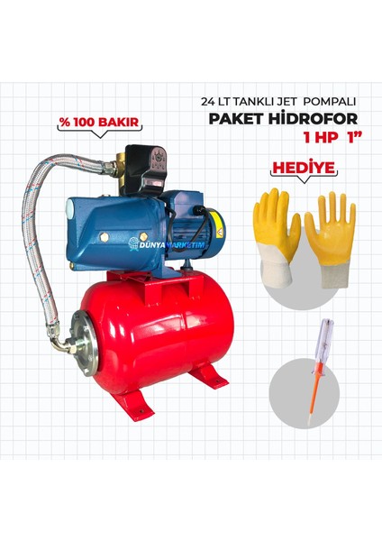 Paket Hidrofor 1hp 1" Jet Pompalı 24 Litre Tanklı 5 Kat 5 Daireye Yeterli