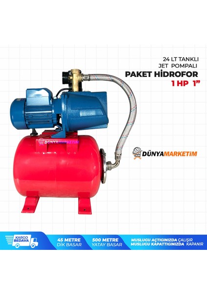 Paket Hidrofor 1hp 1" Jet Pompalı 24 Litre Tanklı 5 Kat 5 Daireye Yeterli