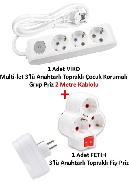 Multi-Let 3'lü Anahtarlı Topraklı Çocuk Korumalı Grup Priz 2 M + Fetih 3'lü Anahtarlı Fiş-Priz