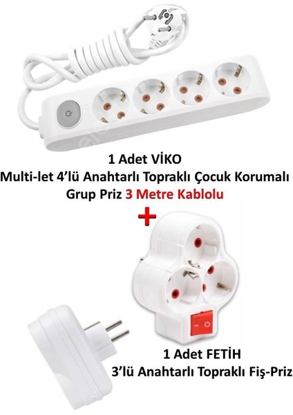 Multi-Let 4'lü Anahtarlı Topraklı Çocuk Korumalı Grup Priz 3 M + Fetih 3'lü Anahtarlı Fiş-Priz