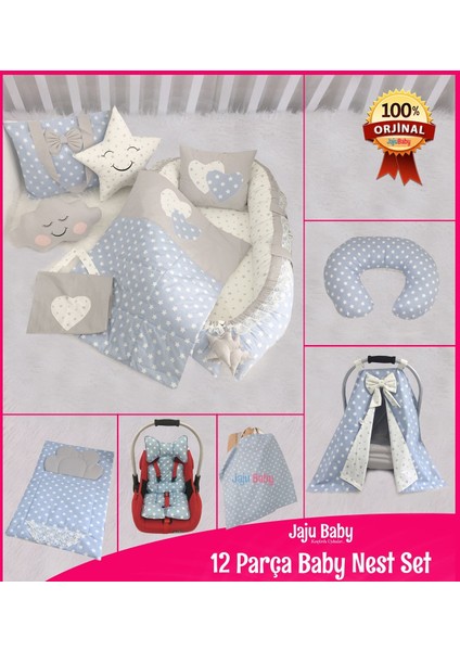 Jaju Babynest Mavi Yıldızlı 12 Parça Set Lüx Babynest Set