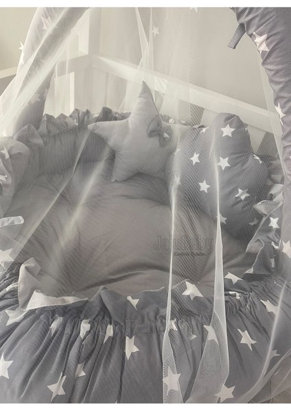 Gri Yıldızlı Açılır - Kapanır Oyun Minderi Cibinlik Aparatlı Babynest