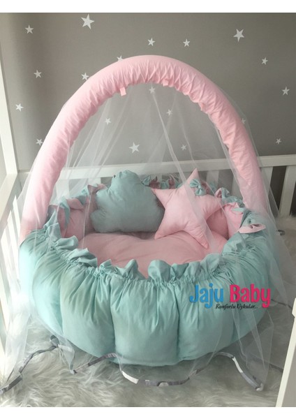 Pembe - Mint Tasarım Lüx Oyun Minderi Babynest Cibinlik Tül Oyuncak Aparat Set