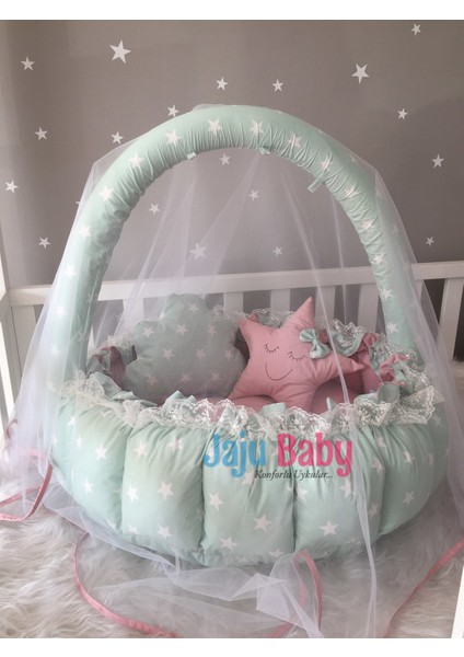 Yeşil Yıldız Desenli Tasarım Lüx Oyun Minderi Babynest Cibinlik Tül Oyuncak Aparat Set