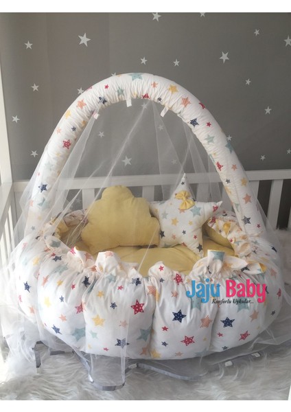 Sarı Yıldız Desenli Tasarım Lüx Oyun Minderi Babynest Cibinlik Tül Oyuncak Aparat Set