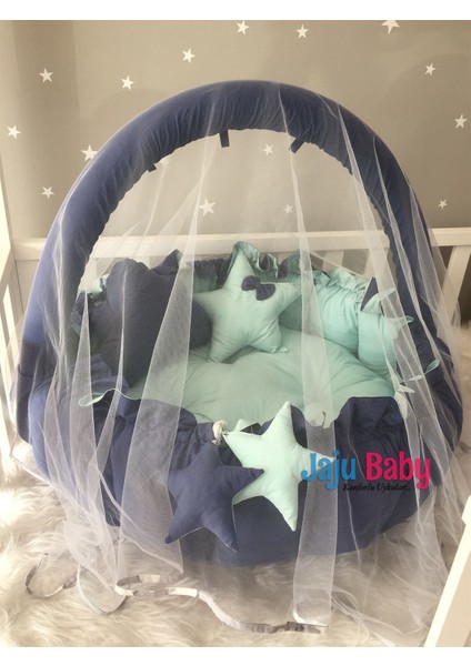 Lacivert - Mint Tasarım Lüx Oyun Minderi Babynest Cibinlik Tül Oyuncak Aparat Set