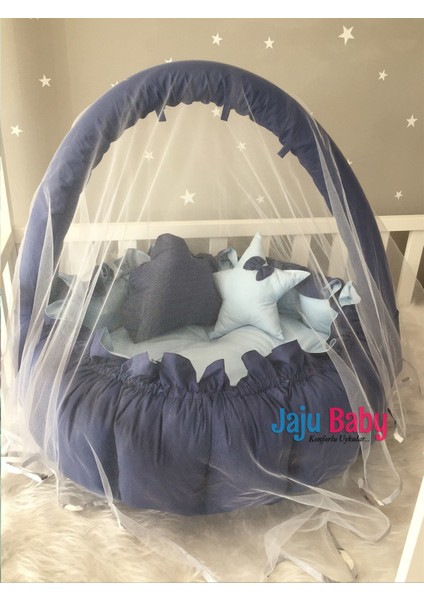 Lacivert - Mavi Tasarım Lüx Oyun Minderi Babynest Cibinlik Tül Oyuncak Aparat Set