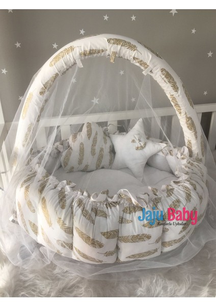 Altın Tüy Desenli Tasarım Lüx Oyun Minderi Babynest Cibinlik Tül Oyuncak Aparat Set