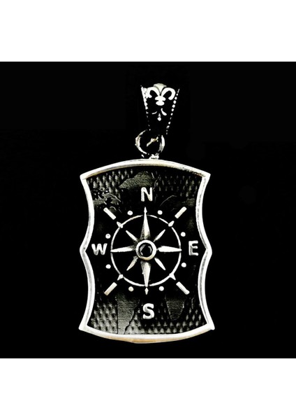 Özel Pusula Tasarımlı Atlas Zemin Detaylı 925 Ayar Gümüş Kolye Ucu