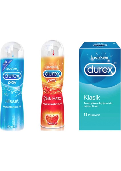 Çilek Aromalı 50 ml + Durex Klasik Prezervatif 12 Li+ Durex Play Su Bazlı 50 ml