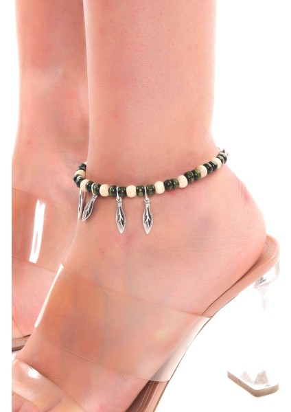 Kadın Yaprak Charm Detaylı Yeşil Ahşap Boncuk Halhal
