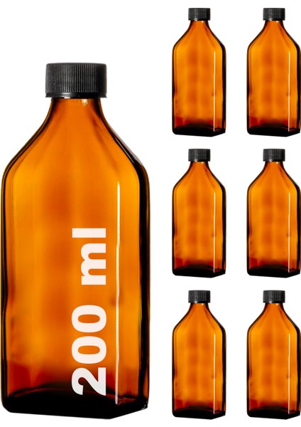 200 cc Amber Ecza Şişesi 200 ml Kilitli Siyah Kapaklı Kahverengi Yassı Cam Şişe 6 Adet