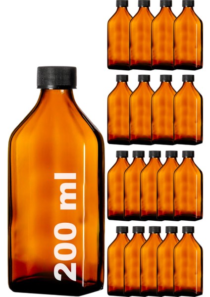 200 cc Amber Ecza Şişesi 200 ml Kilitli Siyah Kapaklı Kahverengi Yassı Cam Şişe 18 Adet