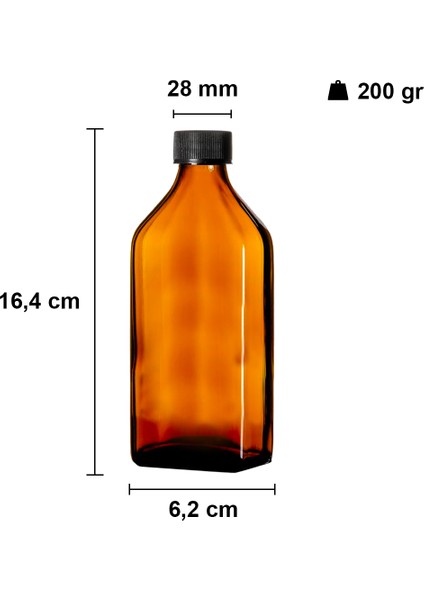 200 cc Amber Ecza Şişesi 200 ml Kilitli Siyah Kapaklı Kahverengi Yassı Cam Şişe 18 Adet