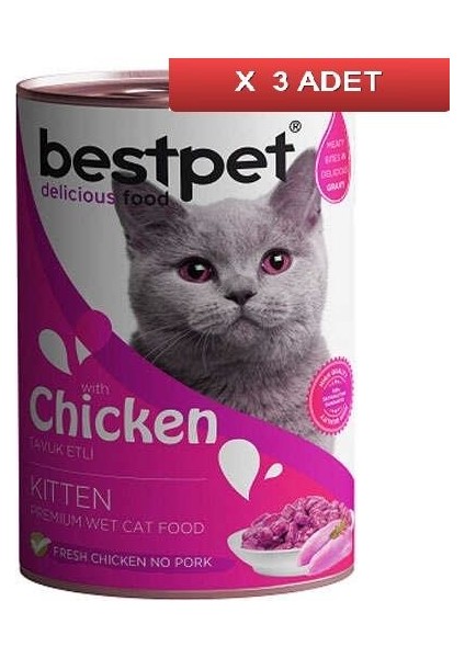 Kitten Tavuk Etli Parça Etli ve Jöleli Yavru Kedi Konservesi 400 gr (3 Adet)
