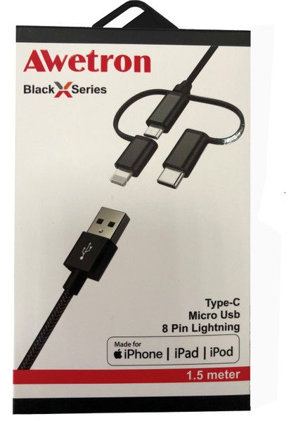 Apple Mfi Lisanslı 3'lü Lightning+Type-C +Micro Hasır İp Kablo 1.5 Metre