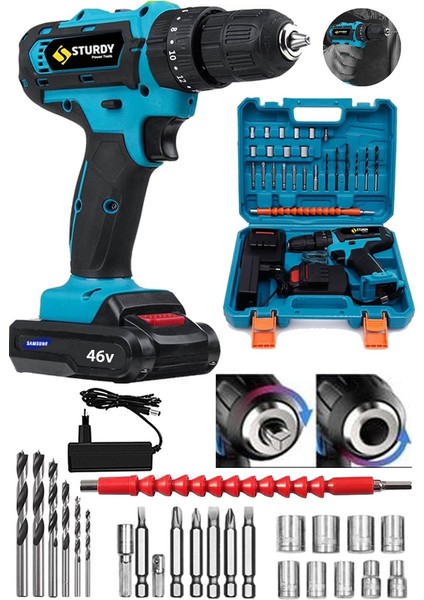 Power Tools 46 Volt 5.0 Amper Express Seri Çift Akülü 27 Parça Uç Setli Şarjlı Vidalama Matkap