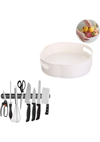 360 Derece Dönebilen Mekanizmalı Yuvarlak Tepsi Formlu Organizer + Manyetik Bıçak Askısı 55 cm