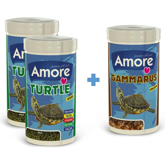 Amore Turtle Sticks 2X250 ml + Gammarus 250 ml Kalsiyum Sürüngen ve Kaplumbağa Yemi