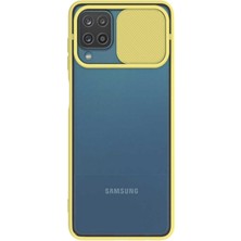 Kzy Samsung Galaxy A12 Kapak Lensi Açılır Kapanır Kamera Korumalı Silikon Kılıf - Sarı