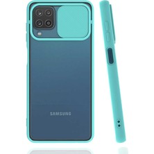 noktaks - Samsung Galaxy A12 - Kılıf Slayt Sürgülü Arkası Buzlu Lensi Kapak - Turkuaz - T18094