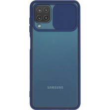 Caseart Samsung Galaxy M12 Kapak Lensi Açılır Kapanır Kamera Korumalı Silikon Kılıf - Lacivert